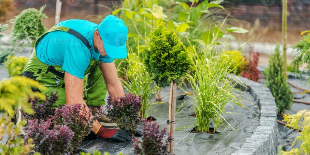 Gardener kneeling in a newly planted, well-maintained garden, working near several small shrubs and plants